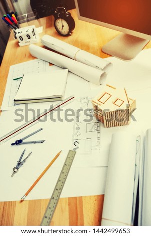 Architect's desk, house designer with tools