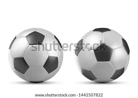 Football or soccer ball isolated on white background, sports accessory, equipment for playing game, championship or tournament competition, design element. Realistic 3d vector illustration, clip art