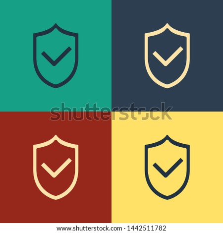 Color Shield with check mark icon isolated on color background. Protection symbol. Security check Icon. Tick mark approved icon. Vintage style drawing. Vector Illustration