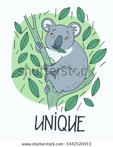 Hand-drawn cute koala bear on white background. Hand written lettering - Unique.