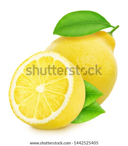 Whole and halved lemons isolated on white background. Full depth of field.