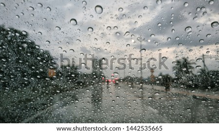 water droplets with abstract blur background as viewed from car window on a rainy day