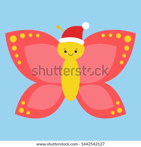 Cute and funny butterfly wearing Santa s hat and smiling - vector. Kawaii Christmas card