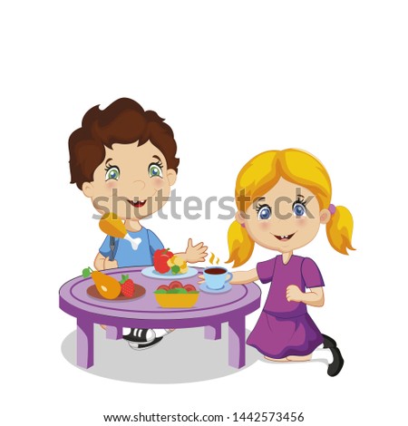 Kids Eating. Funny Smiling Cartoon Boy and Girl Sitting at Table with Healthy Food Eat Vegetables, Fruit Isolated on White Background, Kindergarten Meal Character Illustration, Clip Art