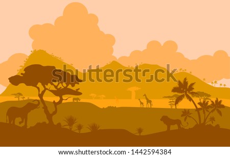African landscape ,Savannah silhouette, lion , giraffes ,mountain palm clouds