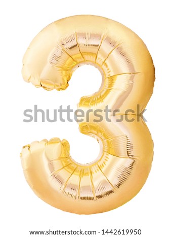 Number 3 three made of golden inflatable balloon isolated on white background. Helium balloon three 3 number. Discount and sale or birthday concept