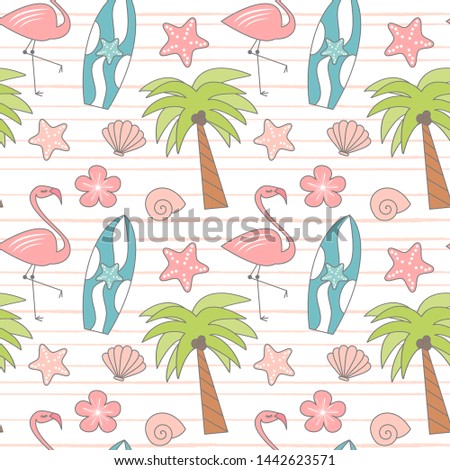 cute colorful seamless vector pattern illustration with summer elements on striped background