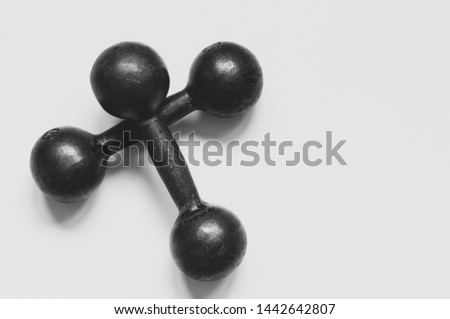 metal dumbbells black-and-white image with copyspace top view