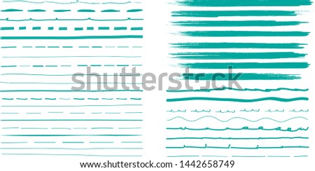 Lines hand drawn paint brush stroke. Vector set isolated on white background. Collection of distressed and doodle lines, hand drawn template. Green marker, ink and grunge brush stroke lines, vector