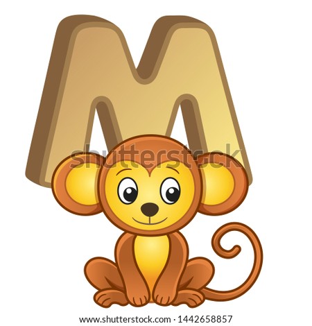 Vector bright illustrations alphabet with capital letters of the English and cute cartoon animals and things. Poster for kindergarten and preschool. Cards for learning English. Letter M. Monkey
