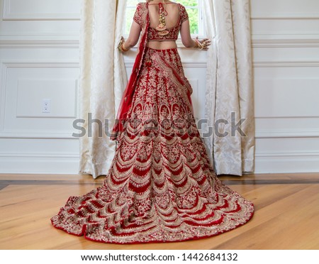 Pakistani Indian bride showing wedding lehenga sharara design Royalty-Free Stock Photo #1442684132