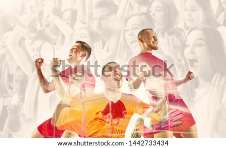 Male football players emotional celebrating. Sportsmen of red and blue team after the goal. Soccer or football fans. Creative collage of 11 people. Movement, action, motion, sport and healthy