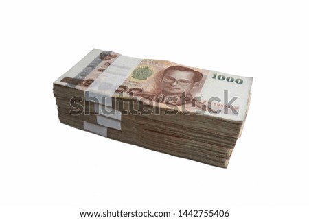 Thai money banknotes 1000 baht on white background, business investment concept.                               