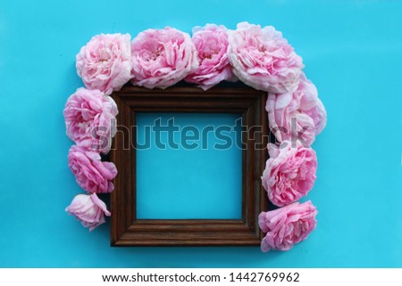Bright background with pink summer flowers with brown frame