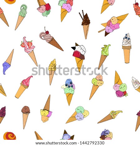 Seamless pattern with icecreams.  Excellent print for greeting cards, clothes, bed linens, fabric, textiles, wallpaper, wrapping paper, gift box.
