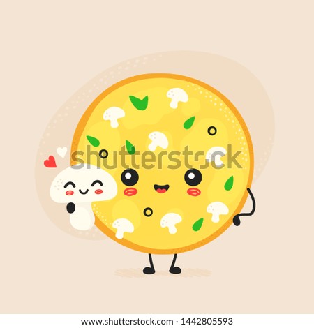 Cute happy mushroom pizza character. Vector flat cartoon illustration icon design. Isolated on white background. Pizza character concept