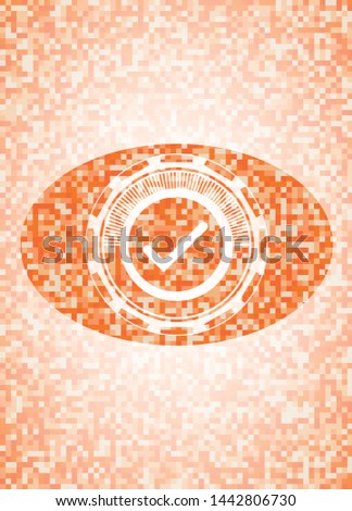 tick icon inside abstract emblem, orange mosaic background