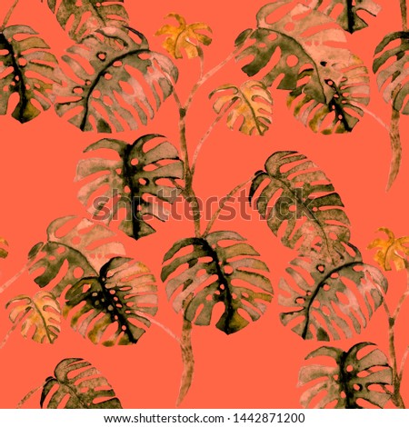 Watercolor seamless pattern with palms in modern style. Watercolor botanical design. Tropical color print. Exotic tropical palm tree. Exotic jungle wallpaper. Great design for any purposes. 