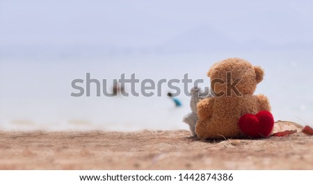 Love concept; couple bears and red heart on the beach