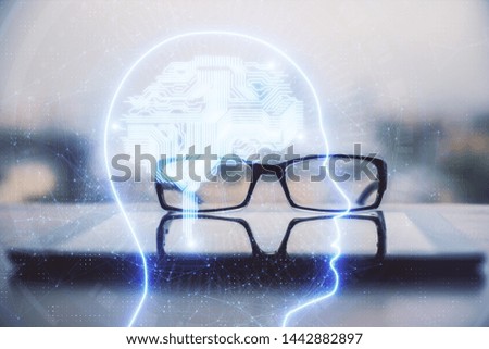 Brain drawings with glasses on the table background. Double exposure.
