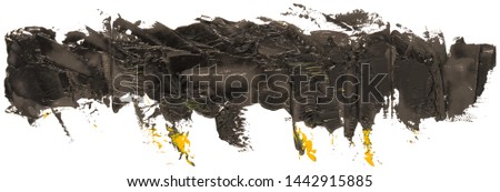 Long hand drawn isolated paintbrush stripe with dirty black color with rare yellow spots, eps 10 vector illustration