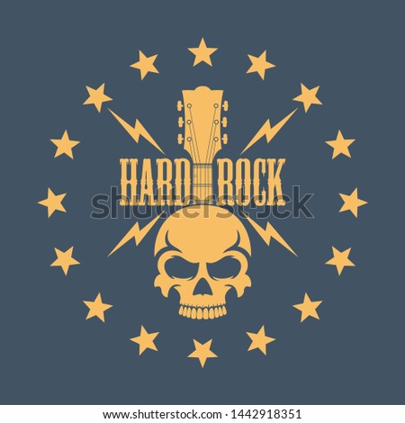 Skull with a guitar and stars with text. Illustration on the theme of rock music