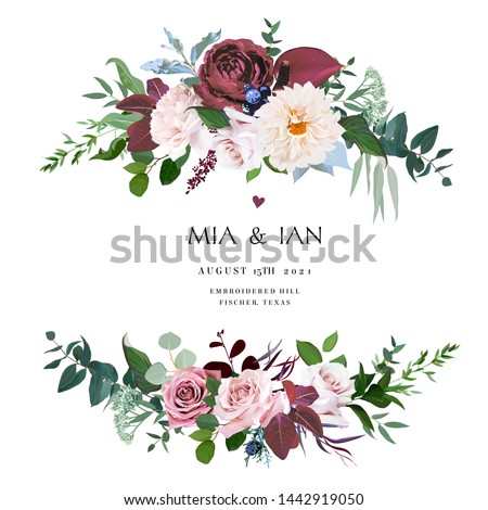 Desert cinnamon, brown, dusty pink and creamy roses, dahlia, burgundy anthurium flowers, juniper, eucalyptus, greenery, astilbe vector design wedding bouquets. Floral pastel style border. Isolated.  Royalty-Free Stock Photo #1442919050