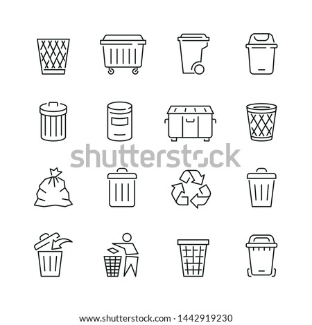 Trash can related icons: thin vector icon set, black and white kit Royalty-Free Stock Photo #1442919230