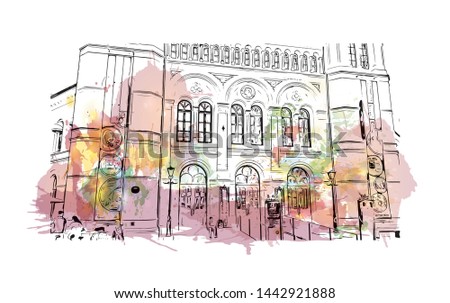 Building view with landmark of Oslo, the capital of Norway, sits on the country’s southern coast at the head of the Oslofjord. Watercolor splash with Hand drawn sketch illustration in vector.