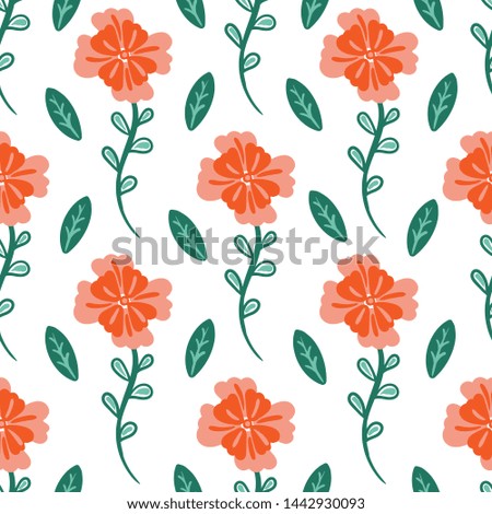 Floral seamless texture. Orange flowers and green leaves on a white background. Vector illustration. Endless textures for your design of fabric, packaging, etc.