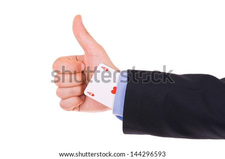 Business man showing ok sign with ace card under sleeve.