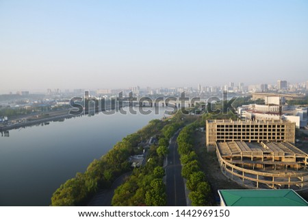 Pyongyang, DPR Korea North Korea. Cityline and  Taedong River in the morning fog. Royalty-Free Stock Photo #1442969150