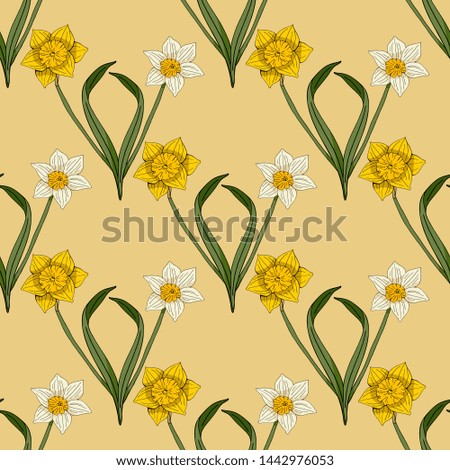 Seamless pattern with white and yellow daffodils on light yellow background. Endless texture with romantic floral elements for festive design. Raster copy