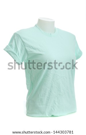 Aqua blue color female tshirt template on the mannequin ready for your own graphics.