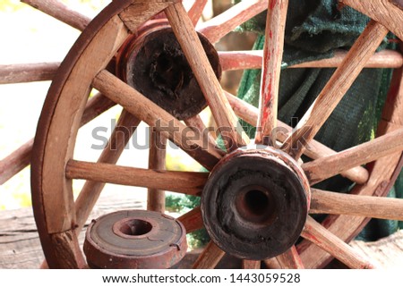 historic horse carriage wheels in the yard