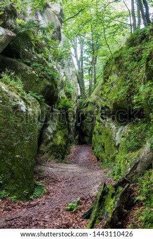 Mountain peak rocks view. Mountain rock climbing path. Mountain peak rock climbing scene. Mountains and rocks with forest and blue sky