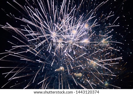 Cheap large sparkling fireworks, white, haze, night sky, background texture