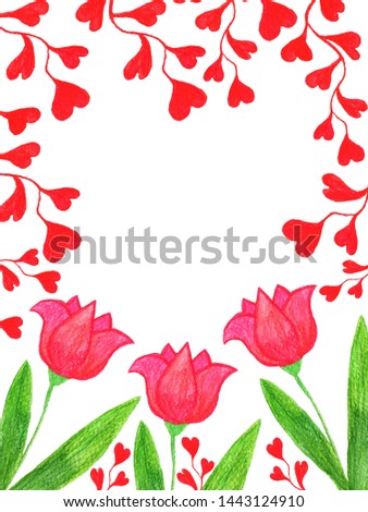 Postcard spring frame colorful watercolor with red tulips and hearts on branches,  painted by hand,  greeting card, Valentine day, wedding, birthday, holiday, white background
