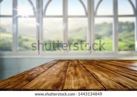 desk of free space and summer window background 