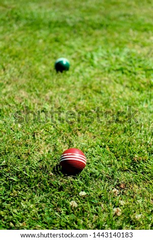 Two wooden croquet balls, red and green with two white stripes on green grass, one in front of the other creating perspective.