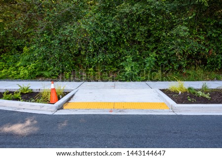Newly planted median between the street and new sidewalk, including disabled entrance ramp, ferns, ornamental grasses, other plants, and orange safety cone
 Royalty-Free Stock Photo #1443144647