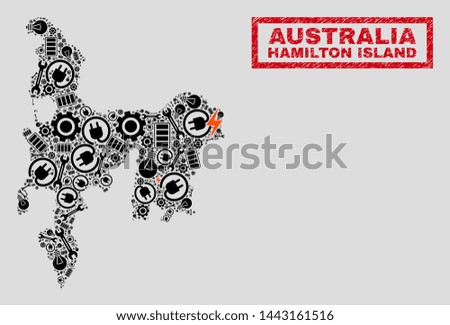 Composition of mosaic power supply Hamilton Island map and grunge seals. Mosaic vector Hamilton Island map is designed with workshop and innovation symbols. Black and red colors used.