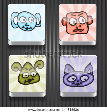 4 vector shiny icons with funny monsters,  transparency effects, fully editable eps 10 file