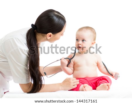 baby and doctor isolated on white background