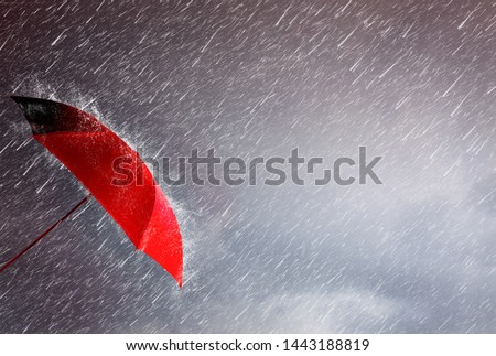 Red umbrella against the storm,sky background and black cloud group and rain, preventing rain and wind hazards,saving planning, and health care,thunderstorm with insurance concept, accident protection Royalty-Free Stock Photo #1443188819