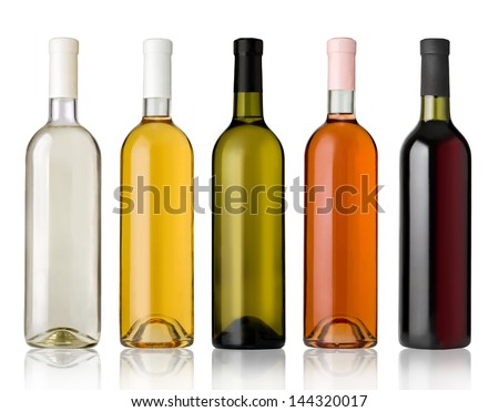 Set of white, rose, and red wine bottles.isolated on white background Royalty-Free Stock Photo #144320017