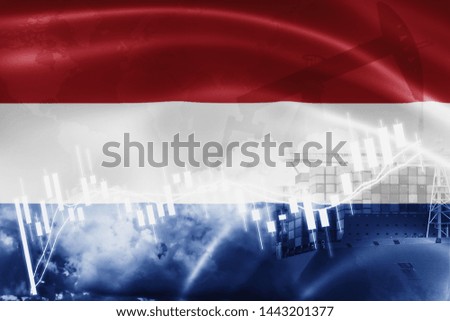 Netherlands flag, stock market, exchange economy and Trade, oil production, container ship in export and import business and logistics.