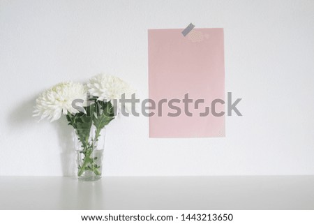 Blank paper on wall with white chrysanthemum