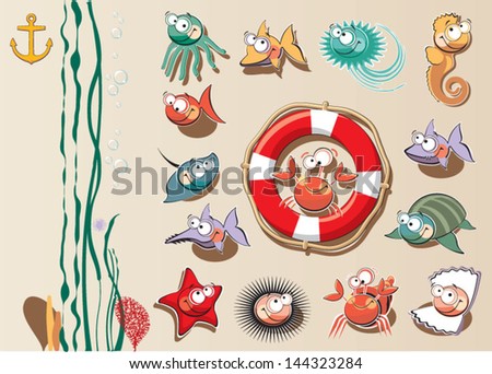Vector isolated cartoon sea animals and other sea life elements in multicolor. vector sea animals cartoon set