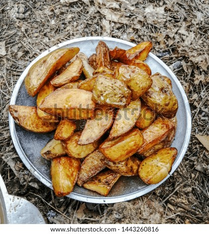 Potatoes cooked in the woods on a fire. large plano